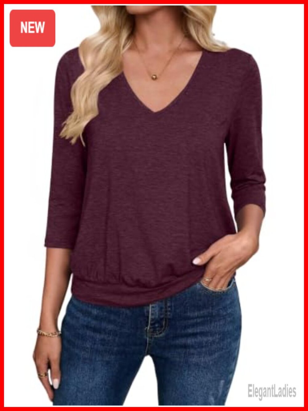 Womens 3/4 Sleeve V Neck Tunic Blouse Banded Bottom Loose Fit Casual Top